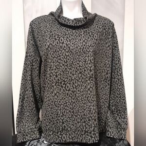 Republic - Grey & Black Leopard Print Cowl / Mock Neck Long Sleeved Sweater, 2X
